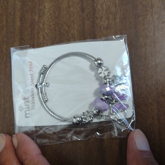 Mint Silver Butterfly Charm Bracelet With Purple And Silver Tone Charms. - Picture 2 of 2